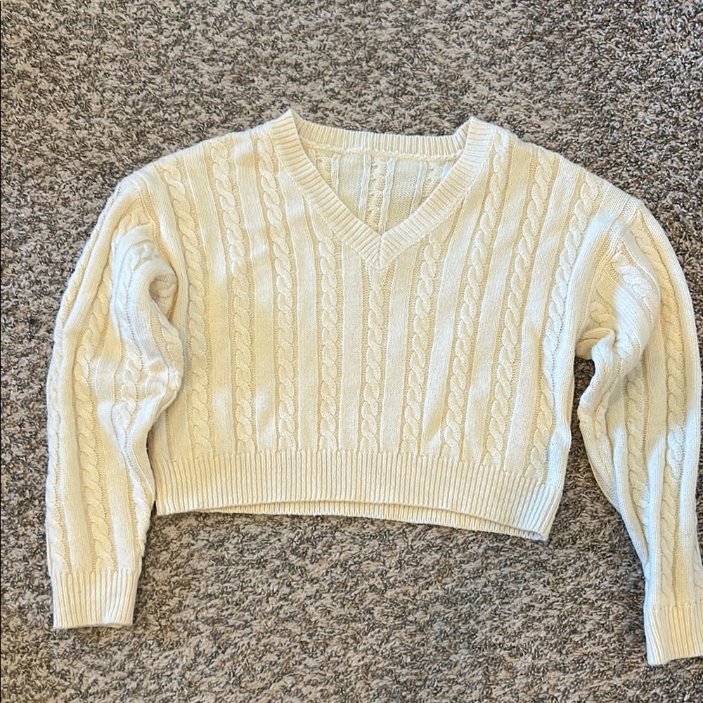 V-Neck Cable Knit Sweater - Cream